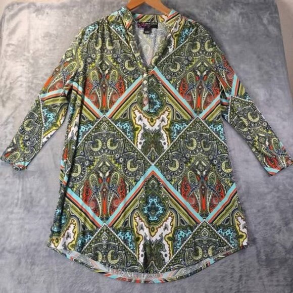 Peck & Peck Women Paisley Tunic Top L Green Multicolor‎ Stretch Boho Retro Artsy - Picture 1 of 8